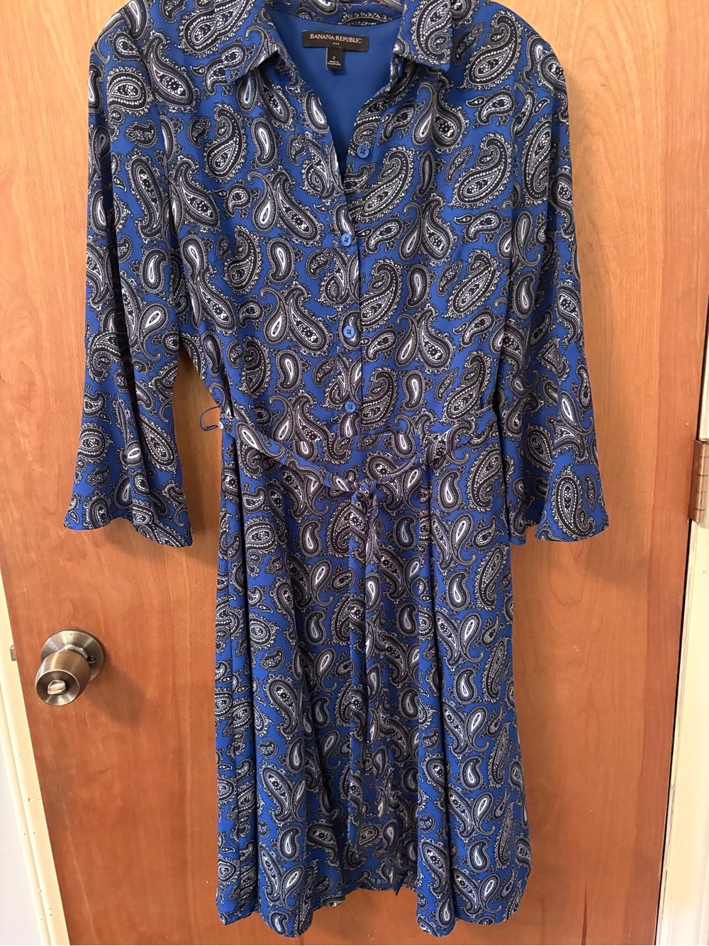 Banana Republic Blue Paisley Button-Front 3/4 Sleeve Dress
